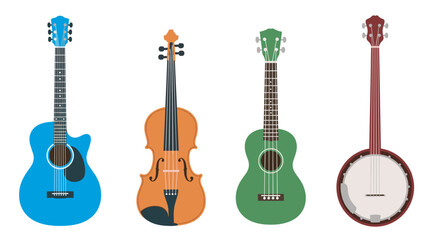 Obraz premium Colorful representation of four musical instruments including a blue acoustic guitar, an orange violin, a green ukulele, and a red banjo in a row.