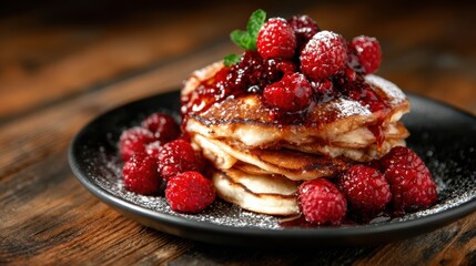 A delectable stack of fluffy pancakes topped with fresh raspberries and syrup, creating a visually stunning and inviting breakfast dish that&rsquo;s perfect for food photography.