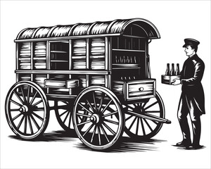 Fototapeta premium Classic delivery man with bottles beside wooden carriage black and white art