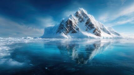 A breathtaking view of a snow-capped mountain rising majestically from serene waters, creating a stunning reflection that evokes a sense of peace and tranquility to nature lovers.