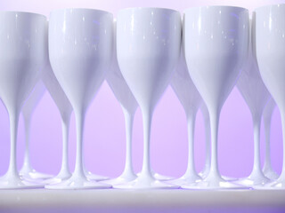 Row of white glasses. stock A row of perfectly aligned white glasses creates a harmonious and modern visual effect. The glossy surfaces reflect the soft light, giving the scene a clean, sophisticated,
