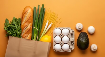 Groceries in a paper bag: bread, arugula, lemon, pasta