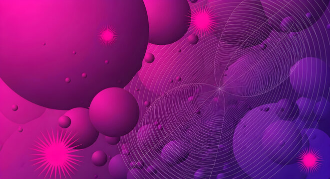 Abstract background with glowing spheres and lines on a pink and purple gradient.