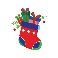 Red Christmas stocking isolated on a white background, filled with festive holiday gifts, presents, and traditional winter decorations