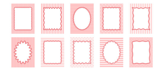 Whimsical cute frame, vintage bachelorette border, coquette groovy pink menu frame. Pretty invite for party. Christmas, wedding birthday decorative card set isolated on background. Vector illustration