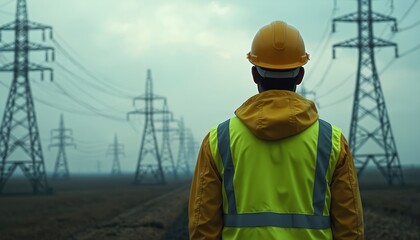 Electrician looks at power lines towers. Man in hard hat supervises electrical grid construction. Inspector oversees energy infrastructure project. Technician observes voltage pylon system. Engineer