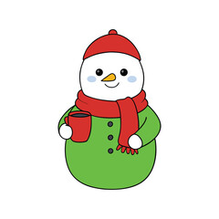 Happy Christmas snowman in a red hat and scarf standing next to a festive decorated tree