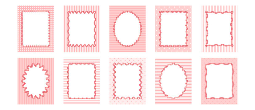 Whimsical cute frame, vintage bachelorette border, coquette groovy pink menu frame. Pretty invite for party. Christmas, wedding birthday decorative card set isolated on background. Vector illustration