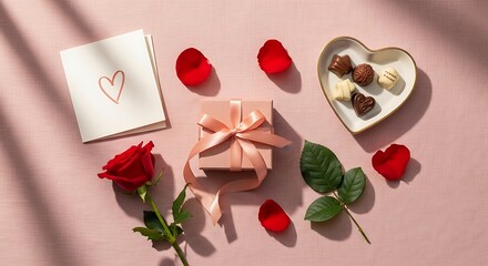 Romantic Valentine's Day scene with gifts, chocolates and rose