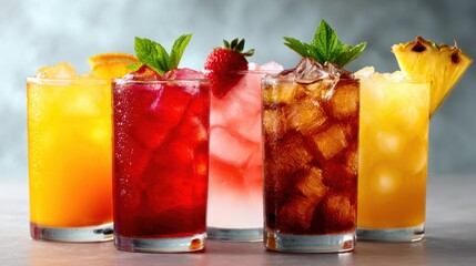 A vibrant collection of refreshing iced beverages in various glasses, showcasing an array of colors and garnishes, perfect for summer gatherings and social occasions.