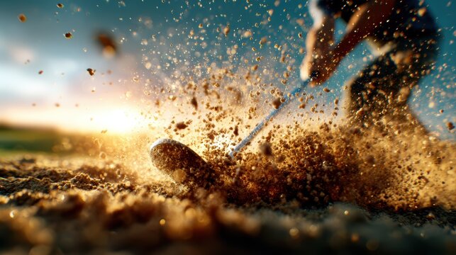 A powerful golf swing captured in motion, with sand and dust flying up, showcasing the energy and focus of the golfer in an exhilarating outdoor setting.