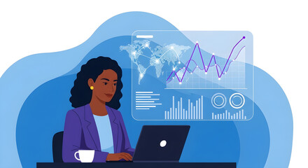 Businesswoman analyzing data on a futuristic digital dashboard with graphs and a world map.
