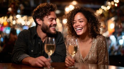 Two happy individuals enjoying drinks together in a lively atmosphere filled with soft lighting, capturing precious moments of laughter and connection.