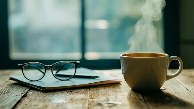 A cup of coffee sits on a wooden table next to a notebook and a pen. The steam from the coffee fills the air, creating a cozy and relaxing atmosphere
