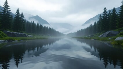 Serene Lake Reflection in Mountain Forest Landscape.