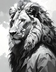 Majestic grayscale portrait of a lion with striking fur and intense gaze