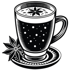 Masala Chai Aromatic Spiced Milk Tea from India with Star Anise, Served in a Glass Mug on a Saucer, Vector Illustration