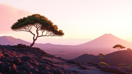 Serene Landscape with Lone Tree and Distant Mountains at Sunset.