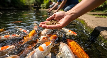 Feeding Koi Fish A Peaceful Moment in the Pond with Vibrant Orange and White Fish