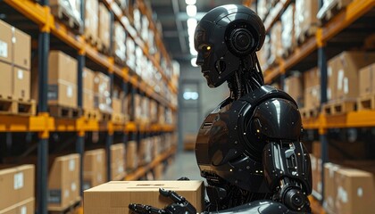 Futuristic humanoid robot holding cardboard box in automated warehouse — artificial intelligence, robotics in logistics, smart industry, supply chain automation concept. 2