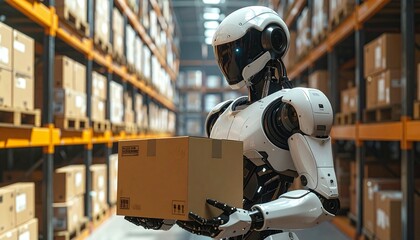 Futuristic humanoid robot holding cardboard box in automated warehouse — artificial intelligence, robotics in logistics, smart industry, supply chain automation concept. 1