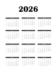 Clean, simple grid layout for 2026 yearly calendar organizer planner