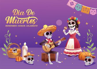 Fototapeta premium Dia de Muertos festival celebration poster, banner, greeting card with 3D cute skeleton playing guitar, dancing at night with candles, pumpkins, skulls, butterflies, and stars.