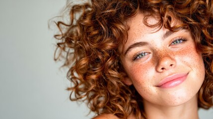 A playful girl with natural freckles and curly hair flashes a charming smile, bringing an aura of innocence and energy against a harmonious, soft background.