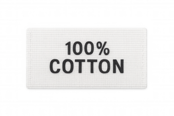 White textile label featuring 100% cotton text, indicating natural fiber quality. Transparent background