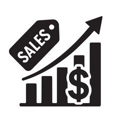 Black sales tag and dollar sign on a rising bar chart with an upward arrow symbolizing business growth, profit increase, and success in marketing, retail, and commerce sectors.