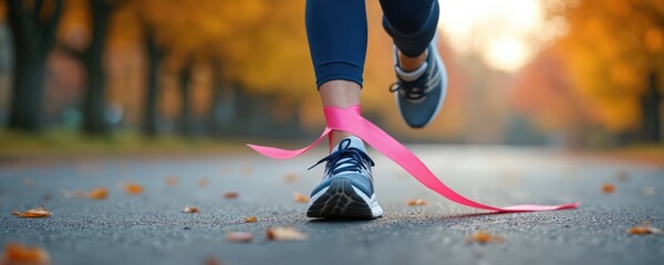 Woman runs with pink ribbon tied to ankle. Autumn path with fallen leaves. Person trains for sport or charity event. Focus on fitness and overcoming challenges.