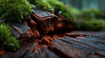 A striking close-up of weathered wood split apart, adorned with vibrant green moss, creating a beautiful contrast of colors and textures in a natural setting of decay and life.