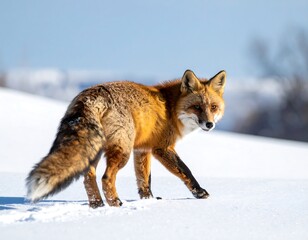 Fototapeta premium A reddish-orange fox strides across a snowy landscape under a clear blue sky, its fur gleaming in the bright winter sun
