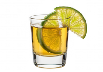 Golden spirit with citrus garnish isolated on a transparent background