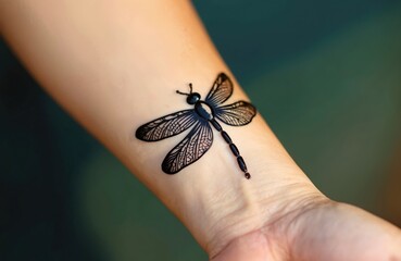 Obraz premium Close up look at decorative dragonfly henna tattoo on woman wrist. Beauty concept photo with elegance, style and grace. Fashionable girl art design showing bodypainting symbol. Ethnic tradition.