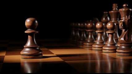 A close-up view of a wooden chess pawn on a chessboard, with other pawns in the background, highlighting the game's elegance and strategy.