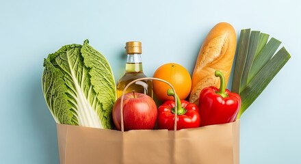 Fresh Groceries in Brown Paper Bag on Light Blue Background