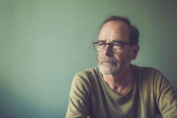 Fototapeta premium Tranquil Portrait of Middle-Aged Man with Glasses Against Green Background