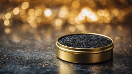 Elegant Black Caviar Tin on Dark Surface Luxurious Food Presentation Sophisticated Dining High-End Culinary Experience