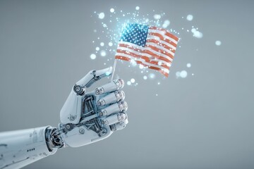 Robot Hand Holding American Flag Symbolizing Technology and Patriotism.