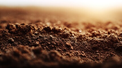 Closeup of Brown Soil in Warm Sunlight Nature Photography Blurred Background Ground Level View Earthy Concept for Gardeners and Farmers