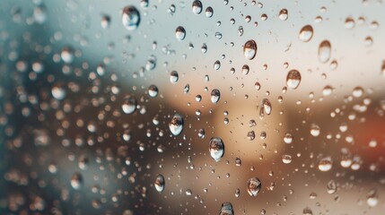 Closeup of Water Droplets on a Glass Window Urban Setting Photography Soft Blurred Background Atmospheric Mood