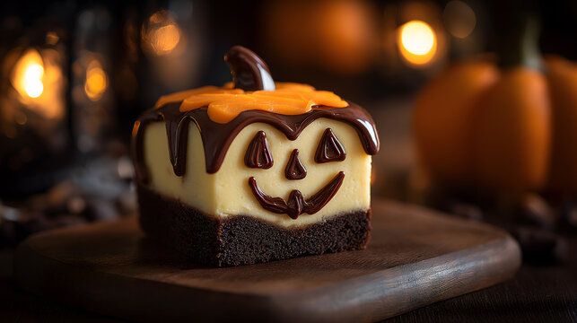 Classic cheesecake with chocolate cake base with Jack O lantern Pumpkin face topping - Happy Halloween 