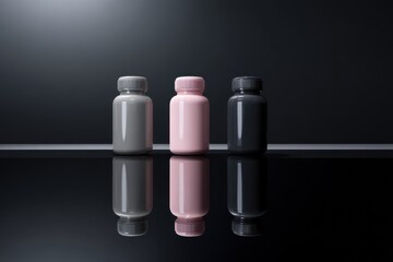 Three Colored Bottles on Reflective Black Surface: Elegant Minimalist Design.