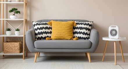 Stylish Living Room Interior with Gray Sofa and Accent Pillows
