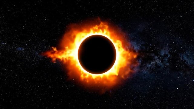 Total solar eclipse simulation with a black sun disc and vibrant orange-yellow coronal flames in space