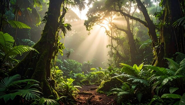A sunlit pathway meanders through a lush, vibrant forest. Towering trees adorned with moss frame the sun's golden rays. Rich greens abound