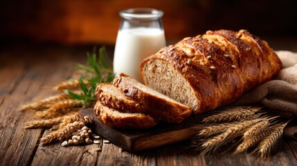 A loaf of freshly baked bread sliced open beside a glass of milk, set on a rustic wooden table with wheat ears displayed for a wholesome, comforting image.