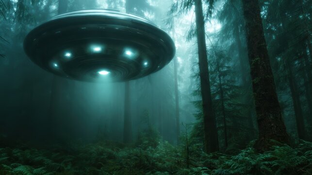 A captivating scene displaying a UFO hovering silently amidst the dense forest, surrounded by towering trees and shrouded in ethereal mist, evoking a sense of wonder and intrigue.