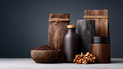 A beautifully arranged composition featuring coffee beans, natural elements, and stylish containers, reflecting the artistry and aesthetics behind crafting the perfect coffee experience.